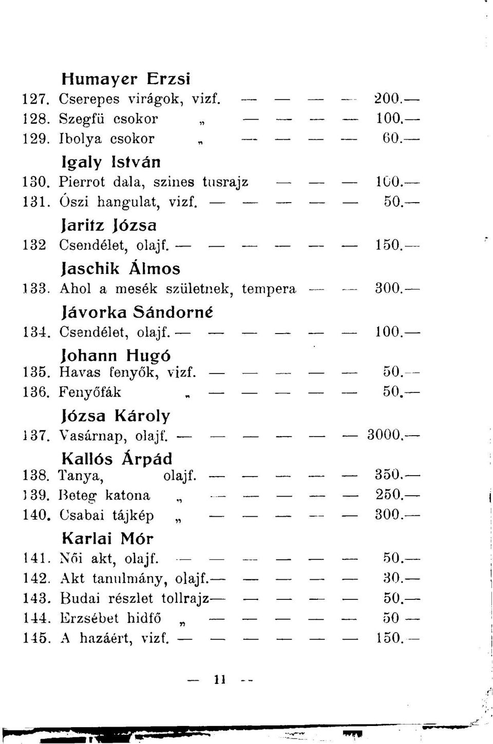 johann Hugó 135. Havas fenyők, vizf. 50. 136. Fenyőfák 50. Józsa Károly 137. Vasárnap, olajf. 3000. Kallós Árpád 138. Tanya, olajf. 350. 139. Beteg katona _ 250. 140.