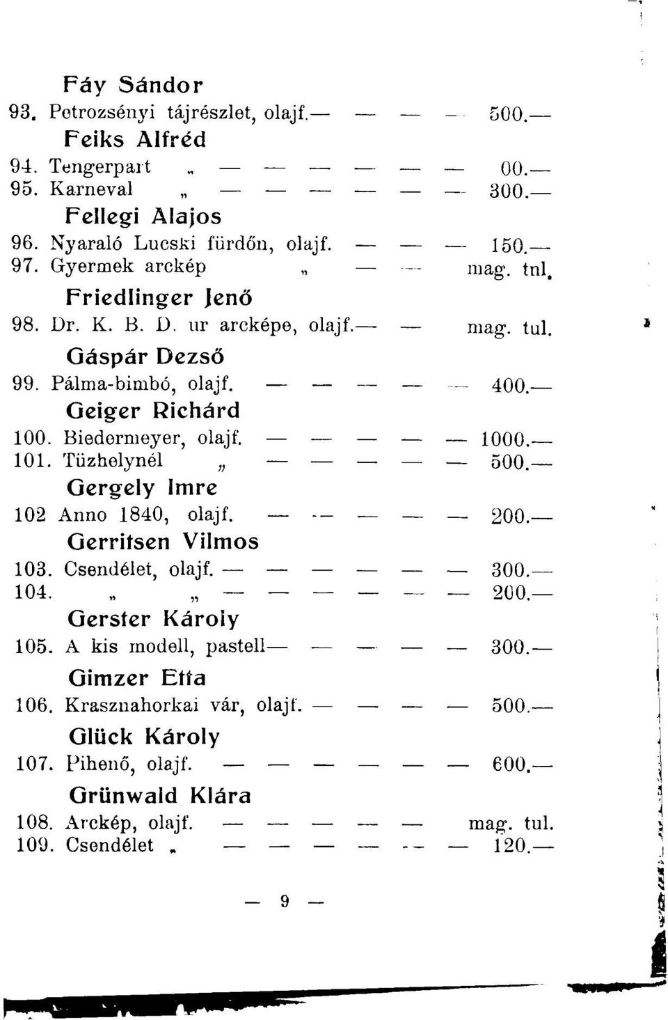 Biedermeyer, olajf. 1000. 101. Tűzhelynél 500. Gergely ímre 102 Anno 1840, olajf. 200. Gerriísen Vilmos 103. Csendélet, olajf. _ 300. 104. 200. Gersfer Károly 105.