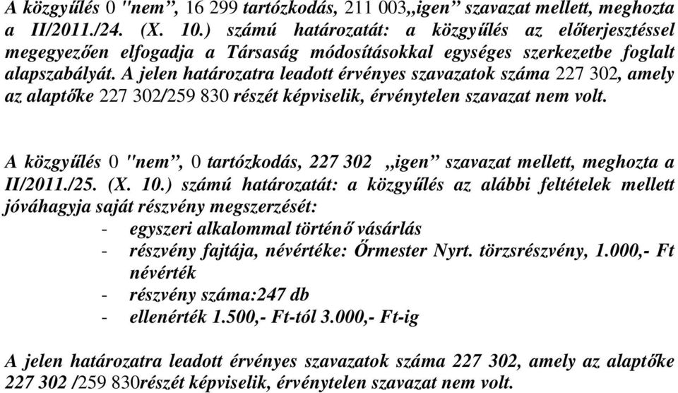 A jelen határozatra leadott érvényes szavazatok száma 227 302, amely az alaptőke 227 302/259 830 részét képviselik, érvénytelen szavazat nem volt.