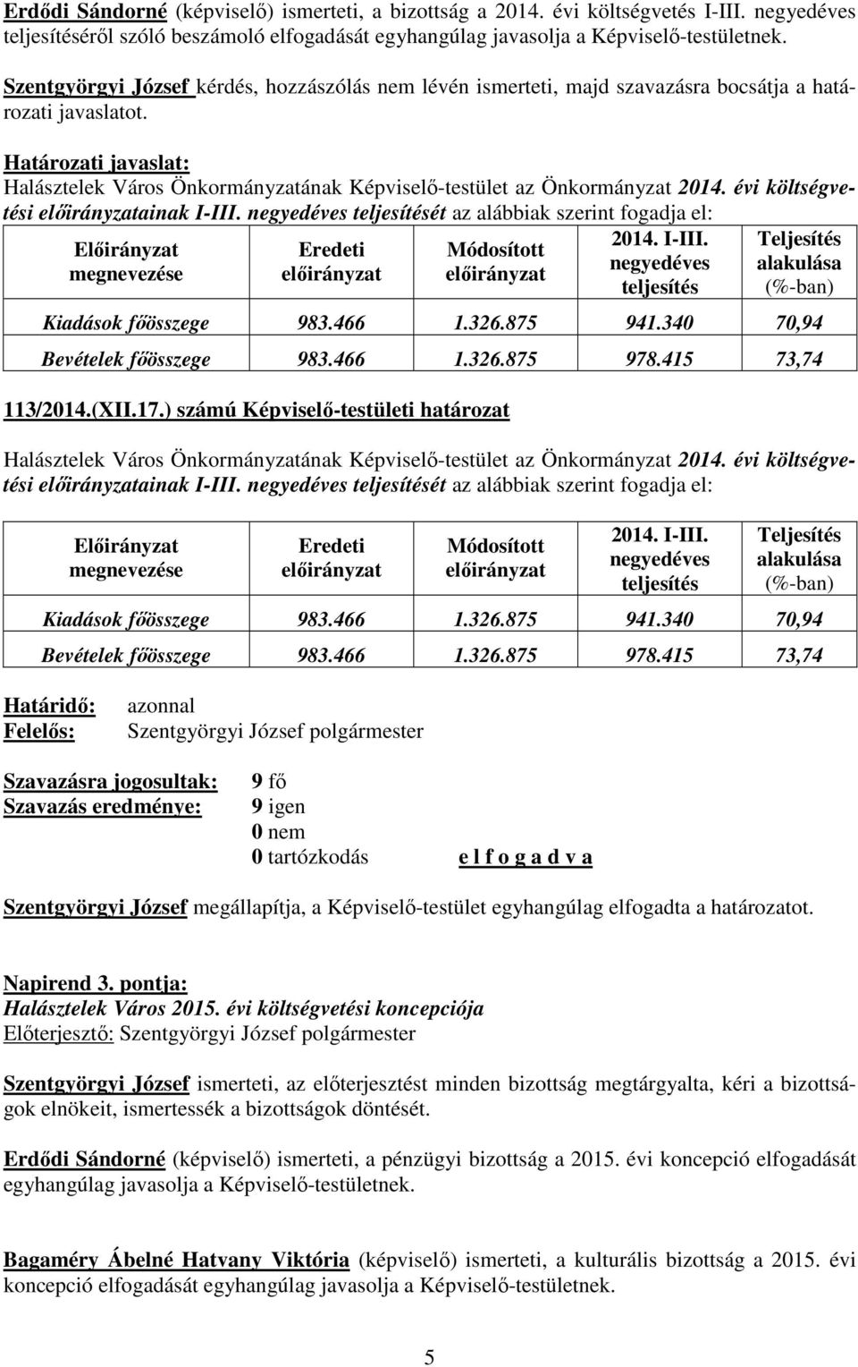 negyedéves teljesítését az alábbiak szerint fogadja el: Előirányzat megnevezése Eredeti előirányzat Módosított előirányzat 2014. I-III.