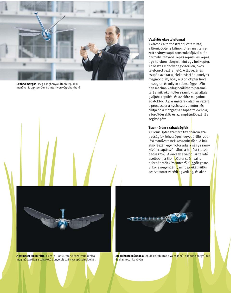 A távvezérlés csupán azokat a jeleket viszi át, amelyek megmondják, hogy a BionicOpter hova mozogjon és milyen sebességgel.