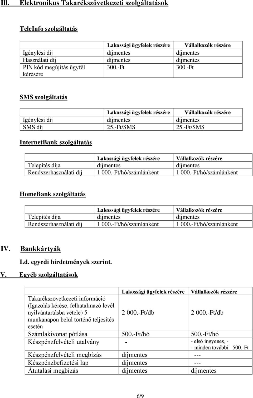 -Ft/hó/számlánként 1 000.-Ft/hó/számlánként IV. Bankkártyák Ld. egyedi hirdetmények szerint. V.