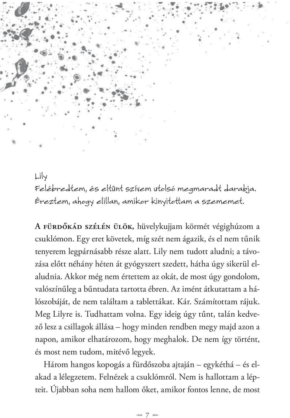 Akkor még nem értettem az okát, de most úgy gondolom, valószínűleg a bűntudata tartotta ébren. Az imént átkutattam a hálószobáját, de nem találtam a tablettákat. Kár. Számítottam rájuk. Meg Lilyre is.