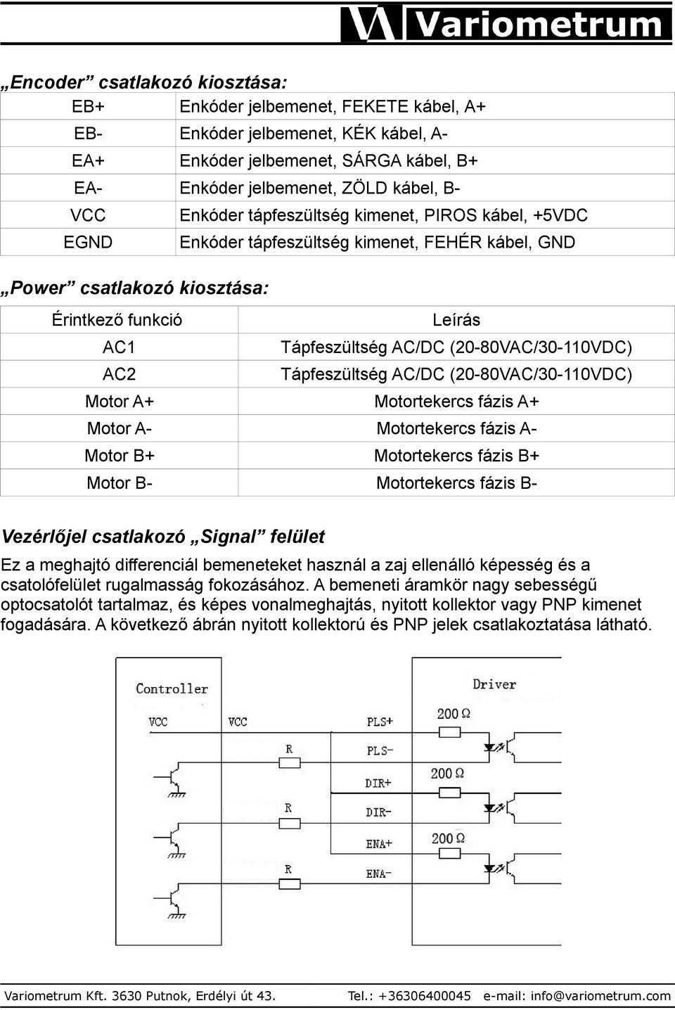 Tápfeszültség AC/DC (20-80VAC/30-110VDC) Motor A+ Motortekercs fázis A+ Motor A- Motortekercs fázis A- Motor B+ Motortekercs fázis B+ Motor B- Motortekercs fázis B- Vezérlőjel csatlakozó Signal