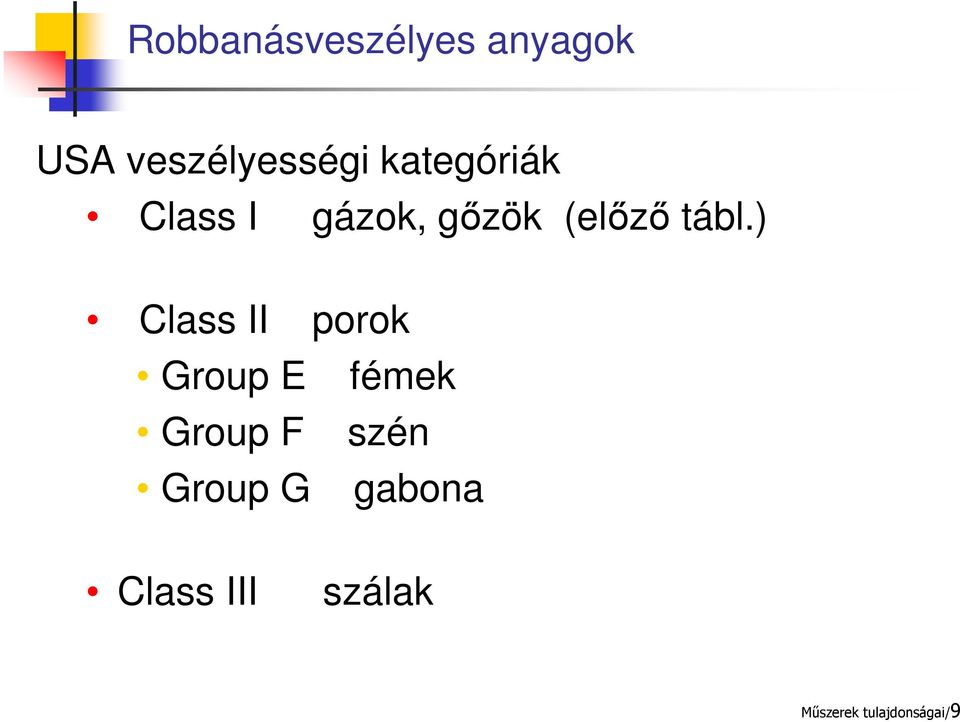 ) Class II porok Group E fémek Group F szén