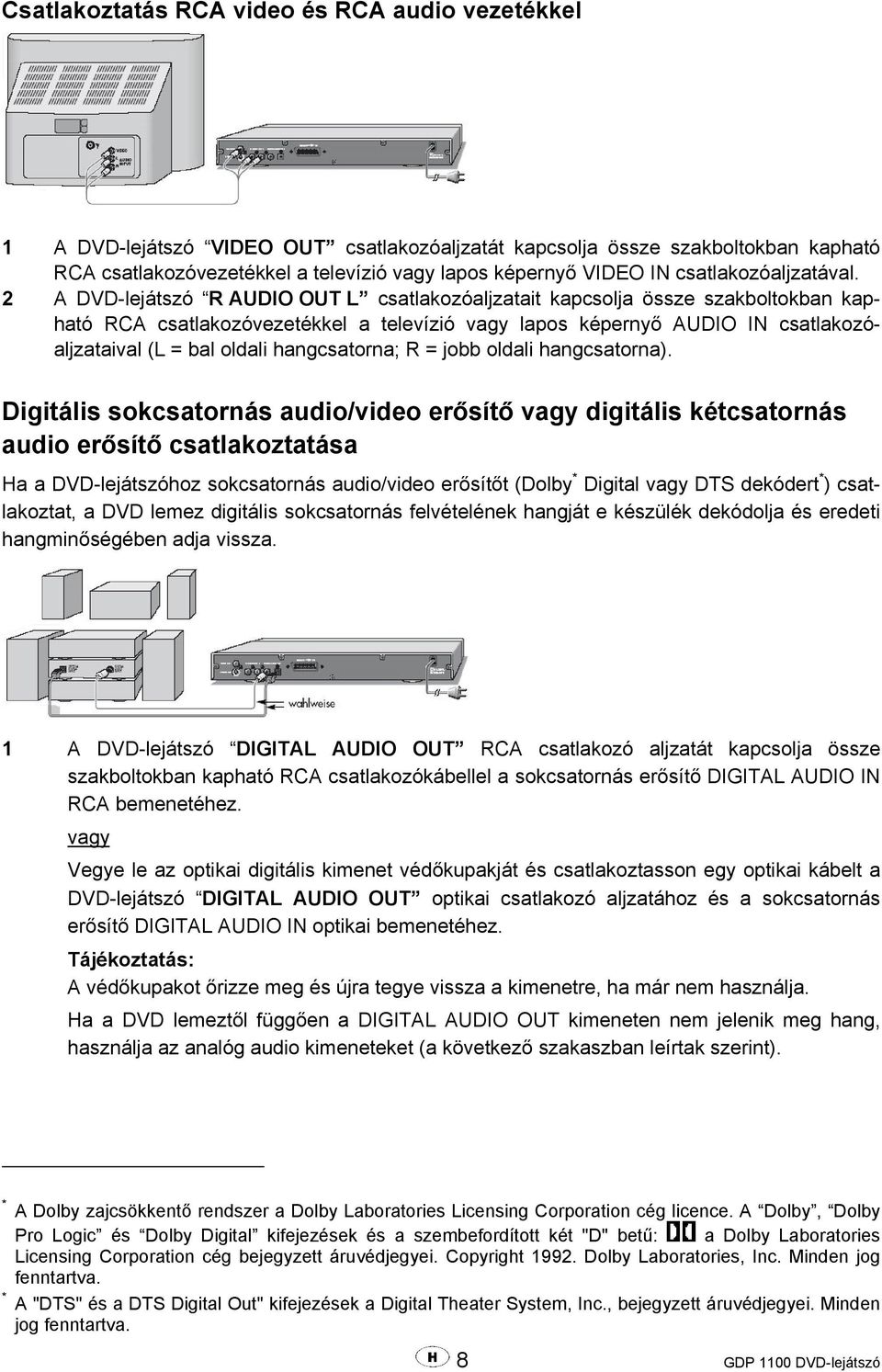 2 A DVD-lejátszó R AUDIO OUT L csatlakozóaljzatait kapcsolja össze szakboltokban kapható RCA csatlakozóvezetékkel a televízió vagy lapos képernyő AUDIO IN csatlakozóaljzataival (L = bal oldali