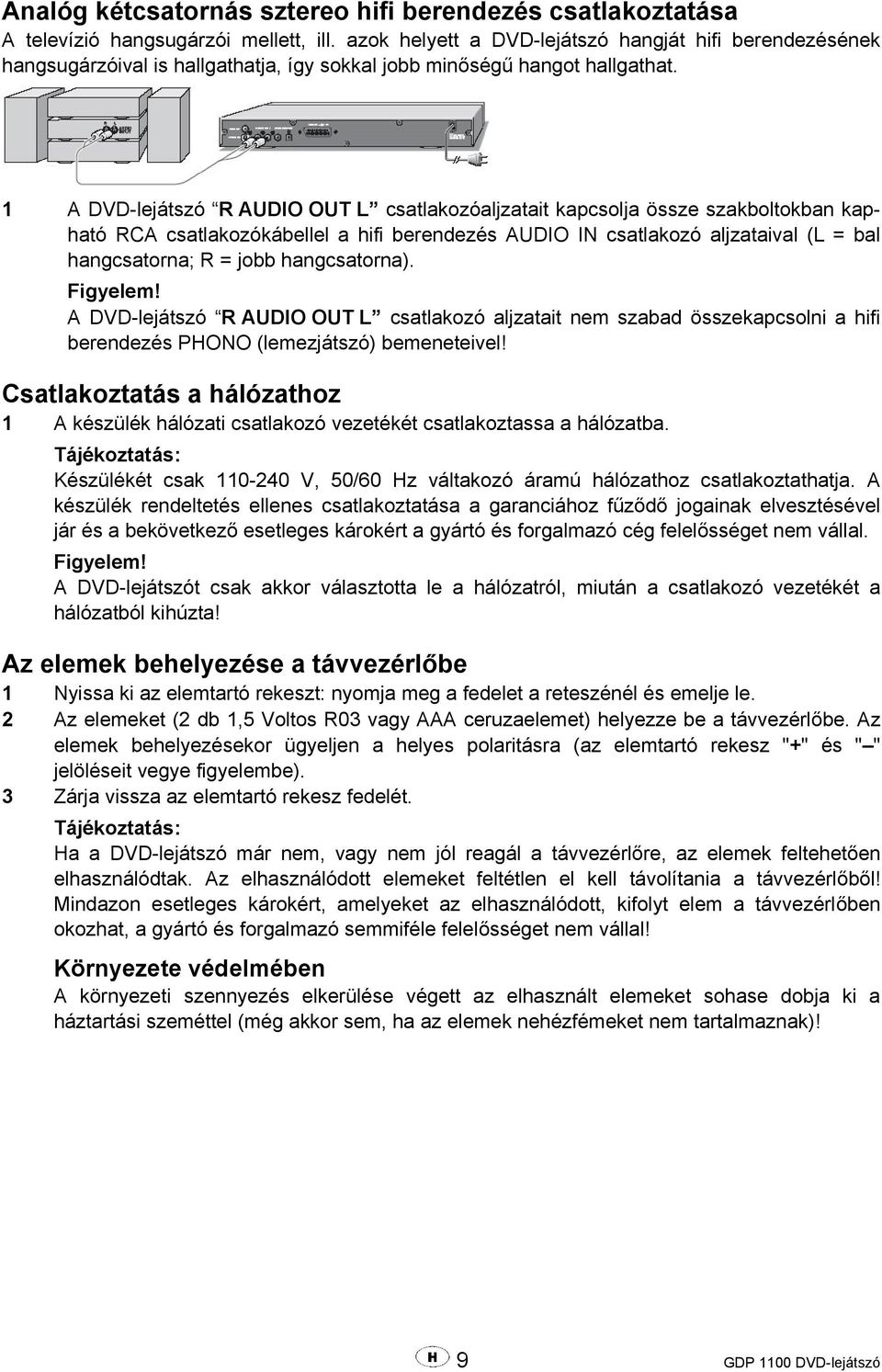 1 A DVD-lejátszó R AUDIO OUT L csatlakozóaljzatait kapcsolja össze szakboltokban kapható RCA csatlakozókábellel a hifi berendezés AUDIO IN csatlakozó aljzataival (L = bal hangcsatorna; R = jobb