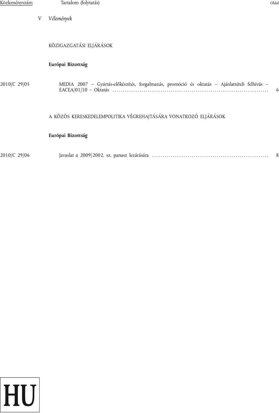 .......................................................................... 6 A KÖZÖS KERESKEDELEMPOLITIKA VÉGREHAJTÁSÁRA VONATKOZÓ ELJÁRÁSOK Európai Bizottság 2010/C 29/06 Javaslat a 2009/2002.