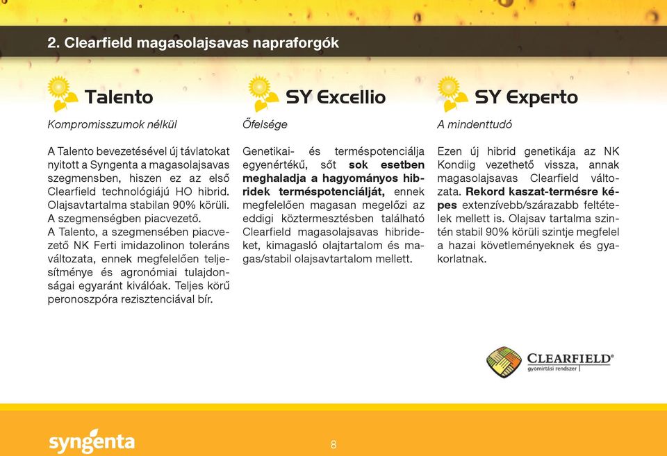 A Talento, a szegmensében piacvezető NK Ferti imidazolinon toleráns változata, ennek megfelelően teljesítménye és agronómiai tulajdonságai egyaránt kiválóak.