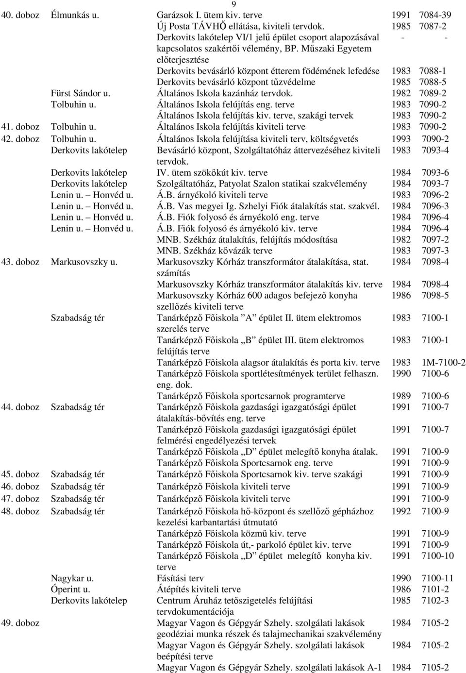 Mőszaki Egyetem elıterjesztése Derkovits bevásárló központ étterem födémének lefedése Derkovits bevásárló központ tőzvédelme Általános Iskola kazánház tervdok. Általános Iskola felújítás eng.