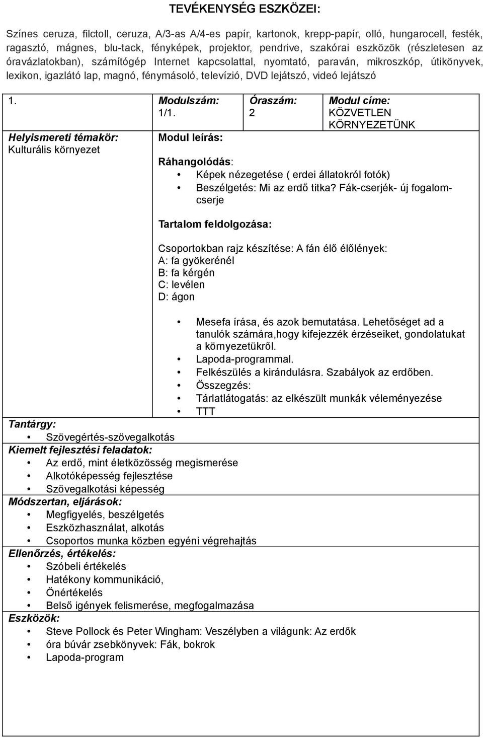 lejátszó 1. Modulszám: 1/1. Helyismereti témakör: Kulturális környezet 2 KÖZVETLEN KÖRNYEZETÜNK Ráhangolódás: Képek nézegetése ( erdei állatokról fotók) Beszélgetés: Mi az erdő titka?