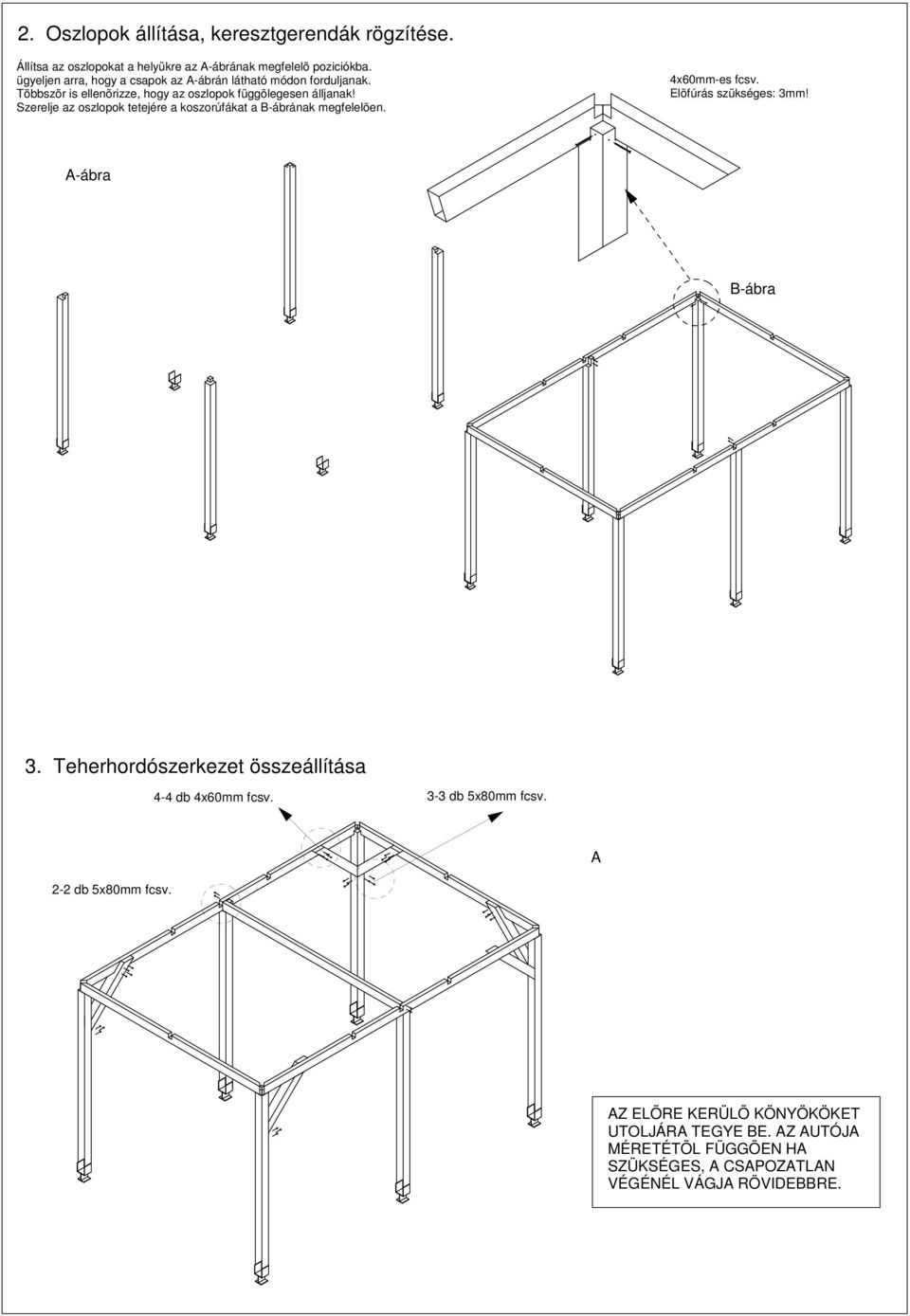 Szerelje az oszlopok tetejére a koszorúfákat a B-ábrának megfelelõen. 4x60mm-es fcsv. Elõfúrás szükséges: 3mm! A-ábra B-ábra 3.