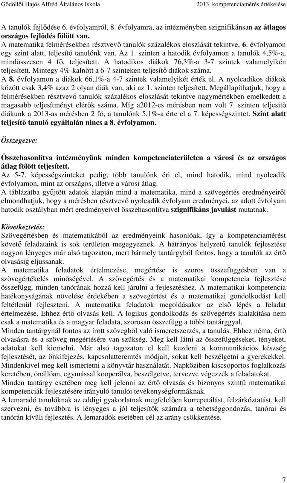 szinten a hatodik évfolyamon a tanulók 4,5%-a, mindösszesen 4 fő, teljesített. A hatodikos diákok 76,3%-a 3-7 szintek valamelyikén teljesített.