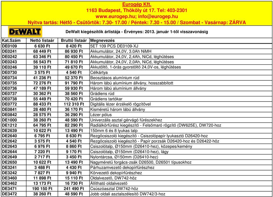 Szám Nettó listaár Bruttó listaár Megnevezés DE0109 6 630 Ft 8 420 Ft 5ET 109 PCS DE0109-XJ DE0241 68 449 Ft 86 930 Ft Akkumulátor, 24,0V, 3.