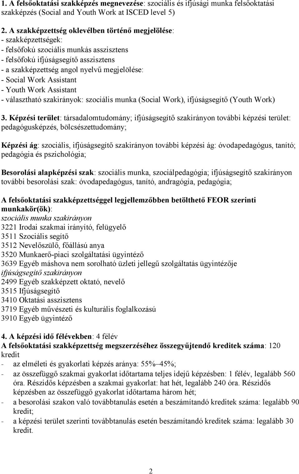 Social Work Assistant - Youth Work Assistant - választható szakirányok: szociális munka (Social Work), ifjúságsegítő (Youth Work) 3.