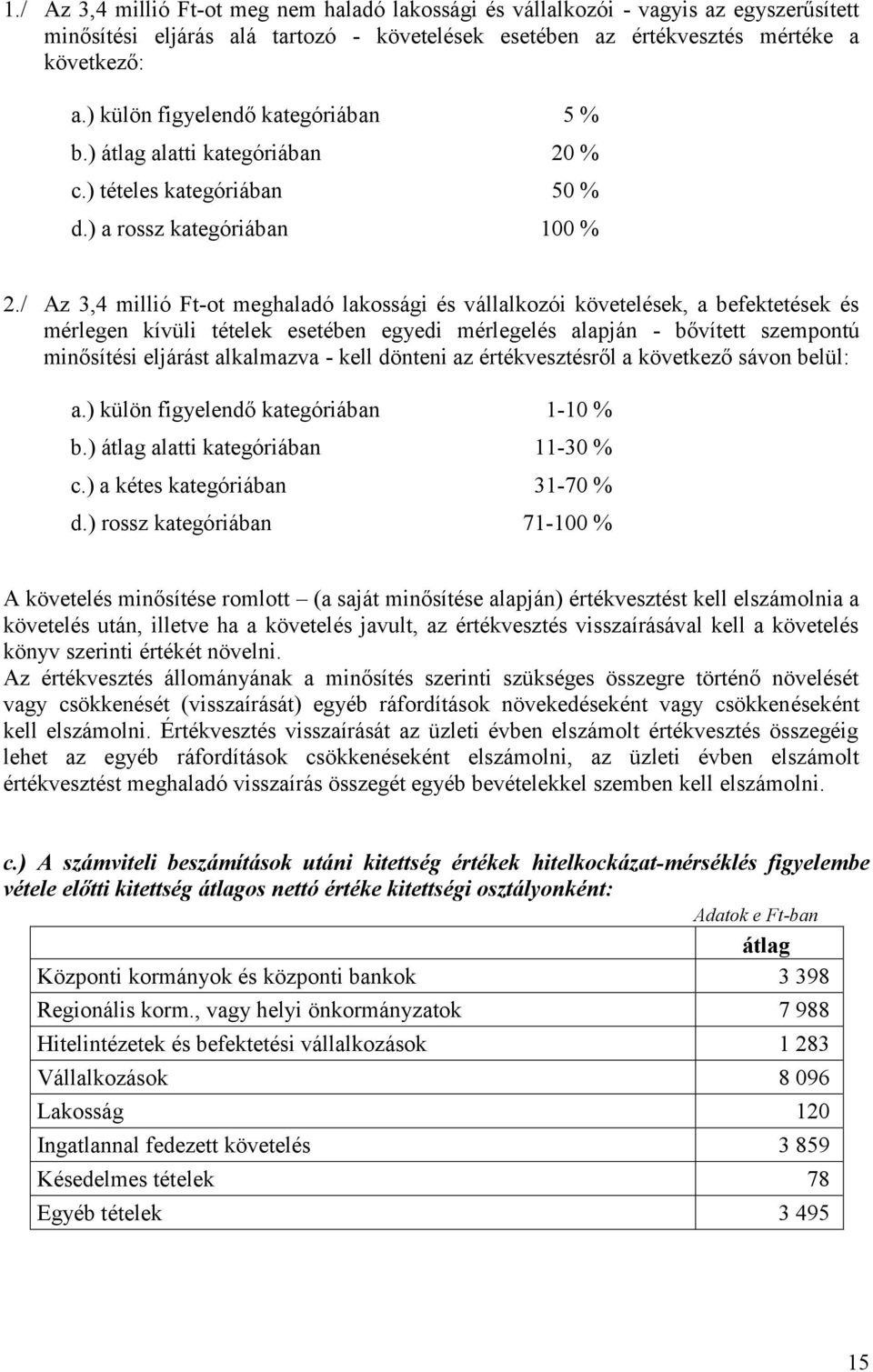 / Az 3,4 millió Ft-ot meghaladó lakossági és vállalkozói követelések, a befektetések és mérlegen kívüli tételek esetében egyedi mérlegelés alapján - bővített szempontú minősítési eljárást alkalmazva