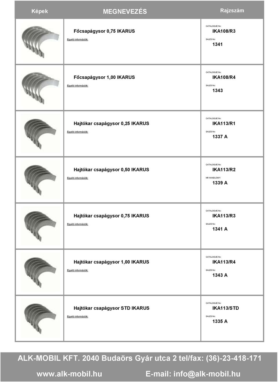 IKA113/R2 NR HANDLOWY: 1339 A Hajtókar csapágysor 0,75 IKARUS IKA113/R3 1341 A