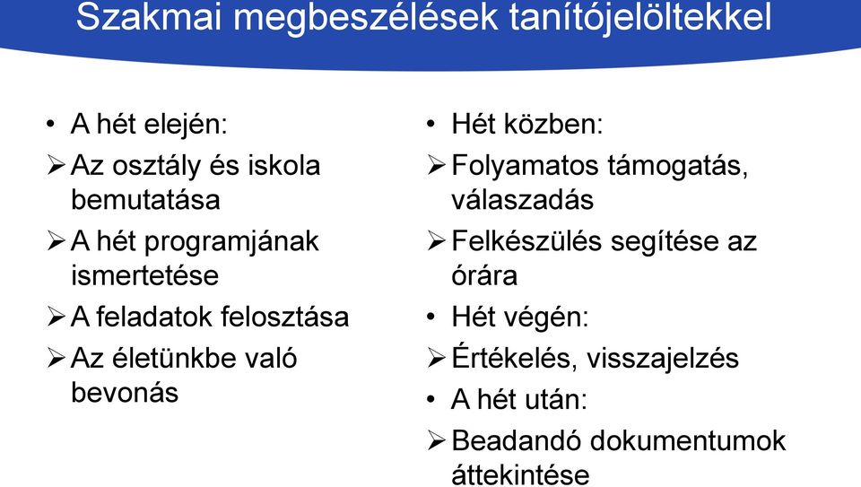 való bevonás Hét közben: Folyamatos támogatás, válaszadás Felkészülés segítése