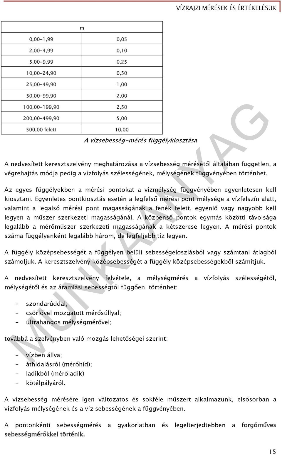 Az egyes függélyekben a mérési pontokat a vízmélység függvényében egyenletesen kell kiosztani.