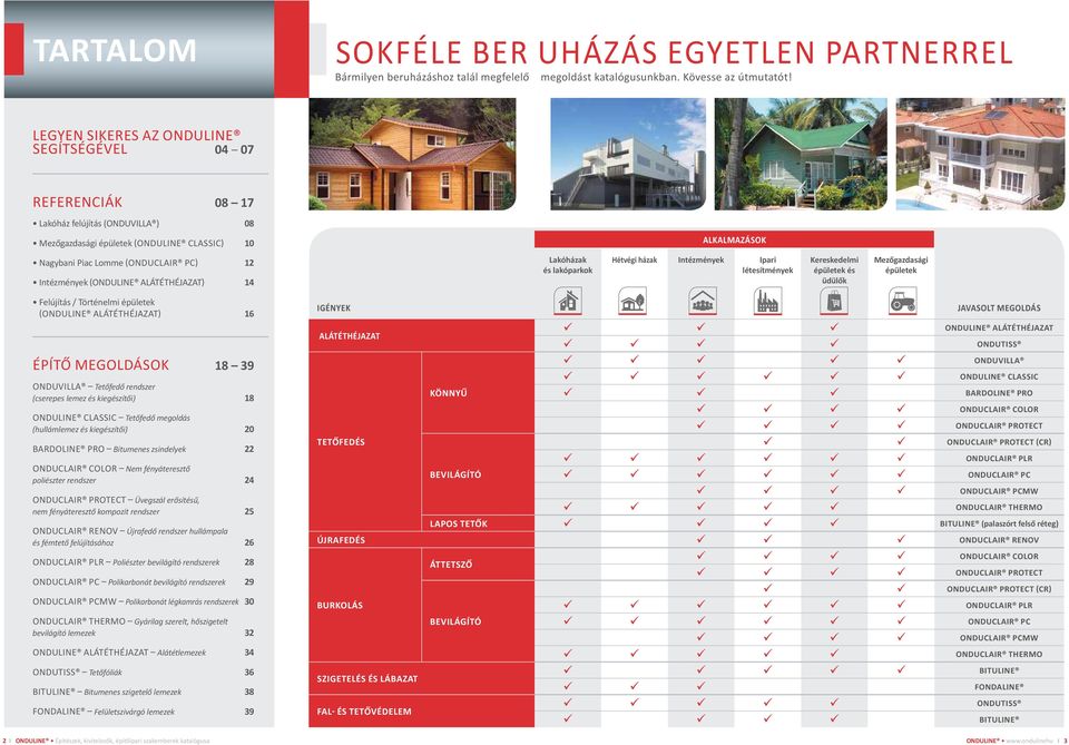 Intézmények (ONDULINE ALÁTÉTHÉJAZAT) 14 Lakóházak és lakóparkok Hétvégi házak Intézmények Ipari létesítmények Kereskedelmi épületek és üdülők Mezőgazdasági épületek Felújítás / Történelmi épületek