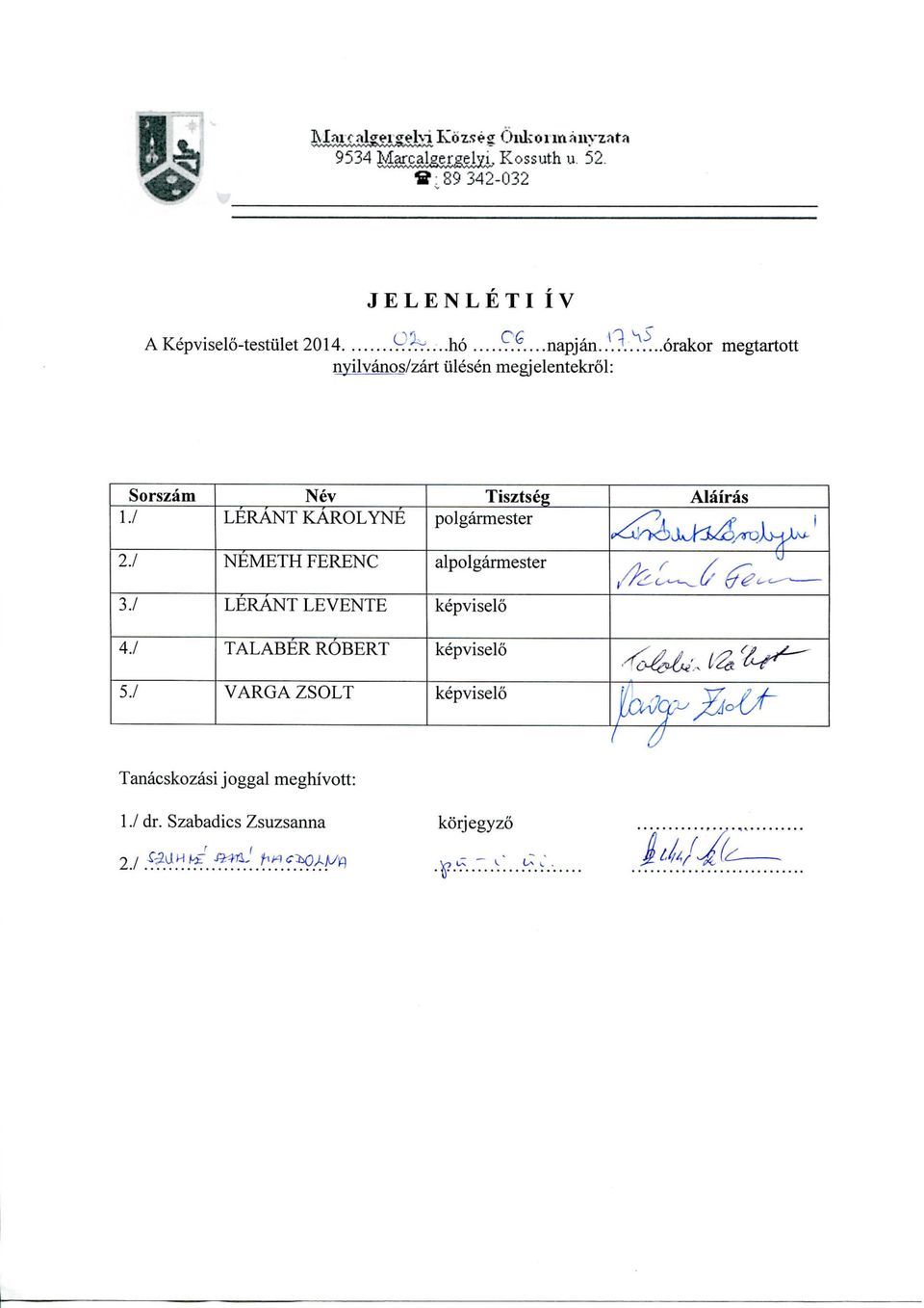 / Nev LERANT KAROLYNE NEMETH FERENC Tisztseg polgarmester alpolgarmester Alairas <^,^^^J(^^^o\^^ ' 'T 37 LERANT LEVENTE