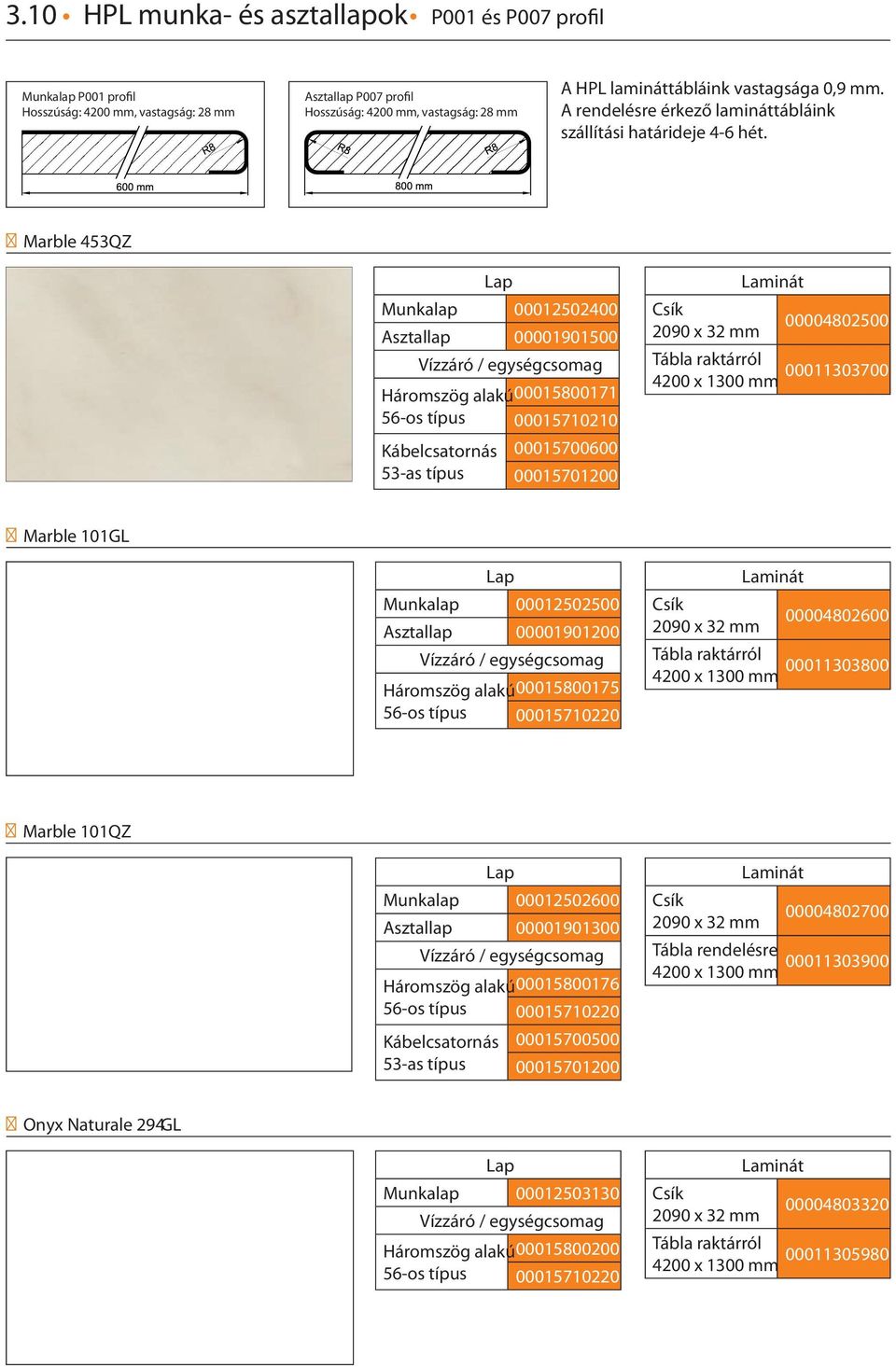 00011303700 Marble 101 GL Munkalap 00012502500 Asztallap 00001901200 Háromszög alakú00015800175 2090 x 32 mm 00004802600 4200 x 1300 mm 00011303800 Marble 101 QZ Munkalap 00012502600 Asztallap