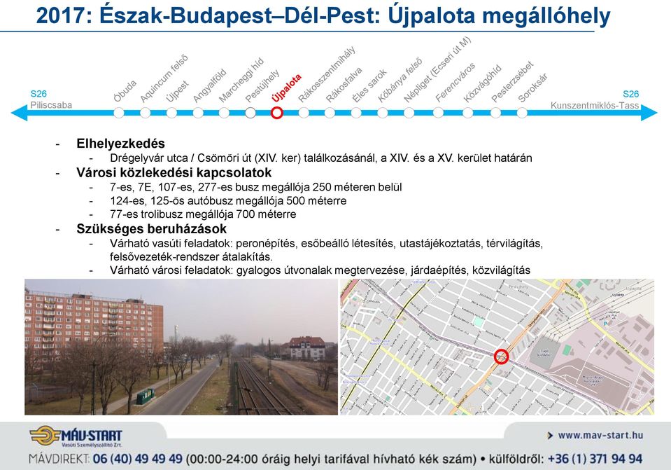 500 méterre - 77-es trolibusz megállója 700 méterre - Szükséges beruházások - Várható vasúti feladatok: peronépítés, esőbeálló létesítés,