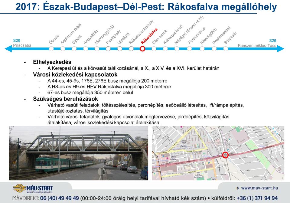 méterre - 67-es busz megállója 350 méteren belül - Szükséges beruházások - Várható vasúti feladatok: töltésszélesítés, peronépítés, esőbeálló létesítés,
