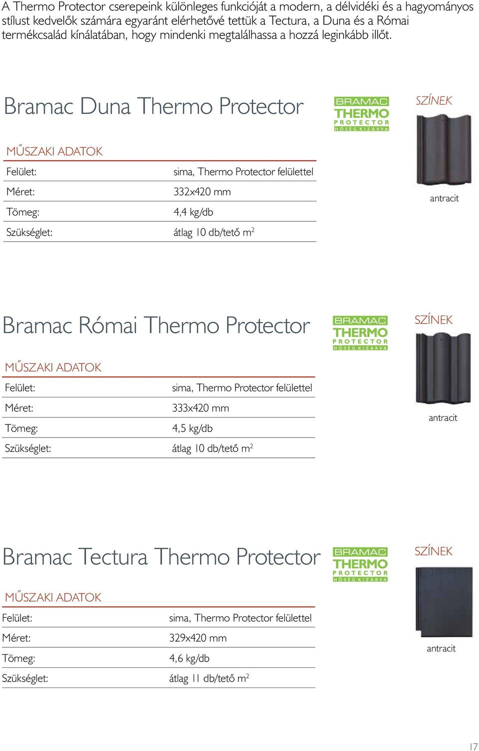 Bramac Duna Thermo Protector Színek MÛszaki adatok Felület: Méret: Tömeg: sima, Thermo Protector felülettel 332x420 mm 4,4 kg/db antracit Szükséglet: átlag 10 db/tetõ m 2 Bramac Római Thermo