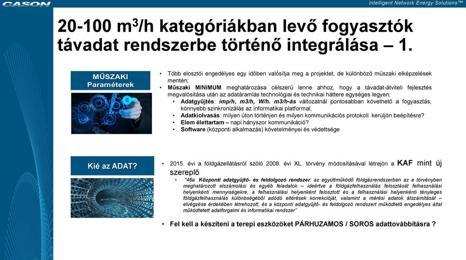 megvalósítása után az adatáramlás technológiai és technikai háttere egységes legyen; Adatgyűjtés: imp/h, m3/h, W/h.