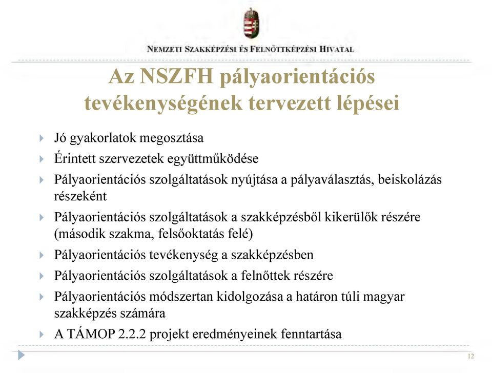 kikerülők részére (második szakma, felsőoktatás felé) Pályaorientációs tevékenység a szakképzésben Pályaorientációs szolgáltatások a