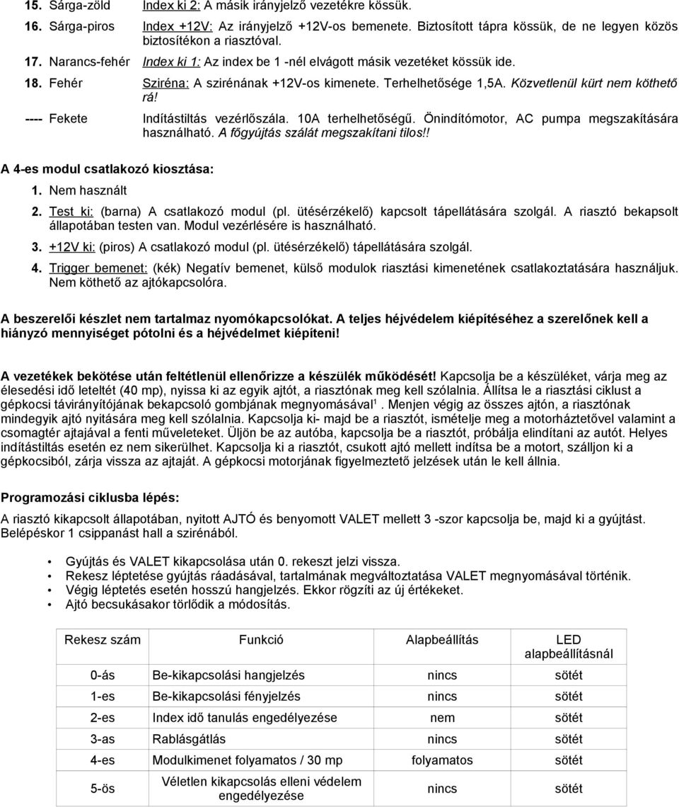 ---- Fekete Indítástiltás vezérlőszála. 10A terhelhetőségű. Önindítómotor, AC pumpa megszakítására használható. A főgyújtás szálát megszakítani tilos!! A 4-es modul csatlakozó kiosztása: 1.