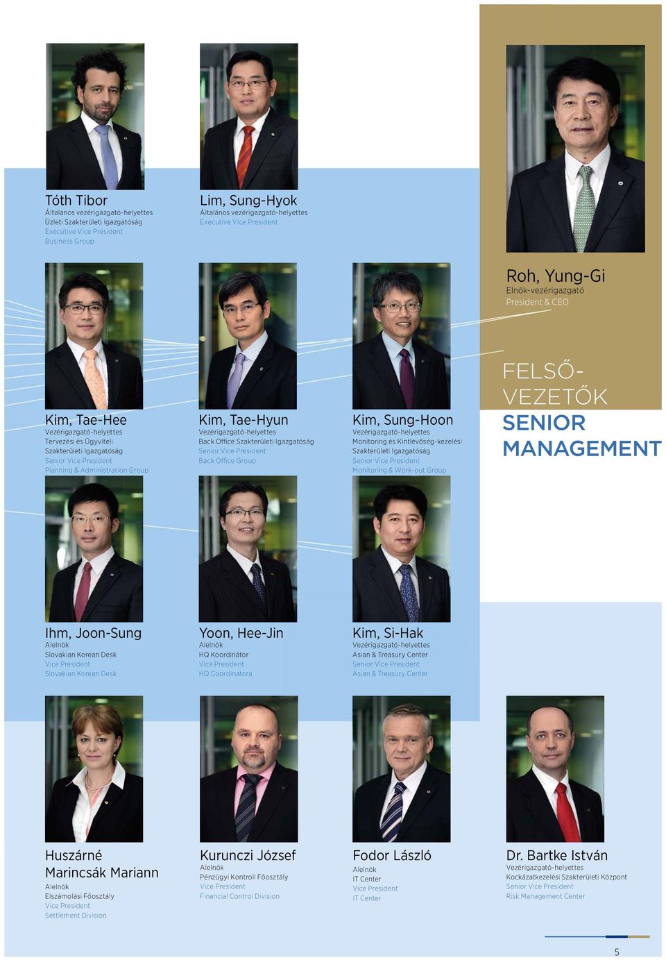 Vezérigazgató-helyettes Back Office Szakterületi Igazgatóság Senior Vice President Back Office Group Kim, Sung-Hoon Vezérigazgató-helyettes Monitoring és Kintlévőség-kezelési Szakterületi Igazgatóság