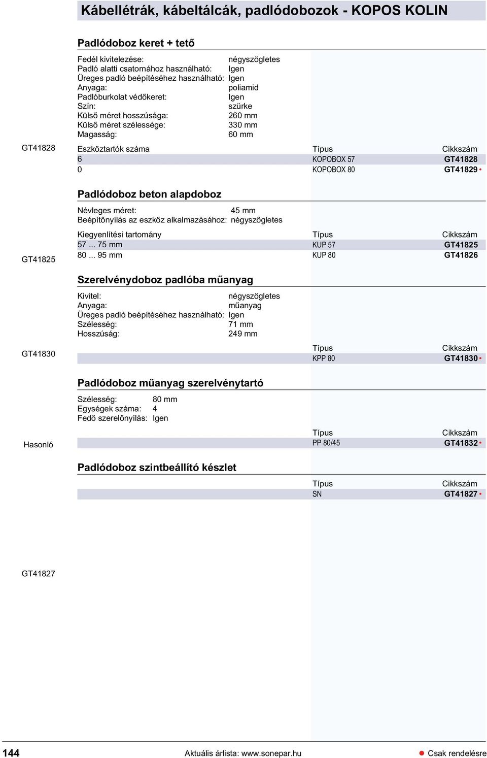 alapdoboz Névleges méret: 45 mm Beépít nyílás az eszköz alkalmazásához: négyszögletes GT41825 Kiegyenlítési tartomány 57... 75 mm 80.