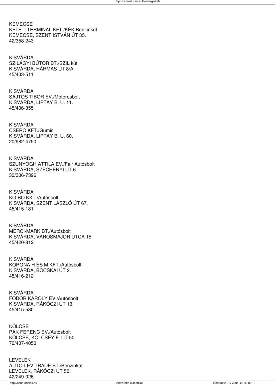 /Autósbolt, SZENT LÁSZLÓ ÚT 67. 45/415-181 MERCI-MARK BT./Autósbolt, VÁROSMAJOR UTCA 15. 45/420-812 KORONA H ÉS M KFT./Autósbolt, BOCSKAI ÚT 2.