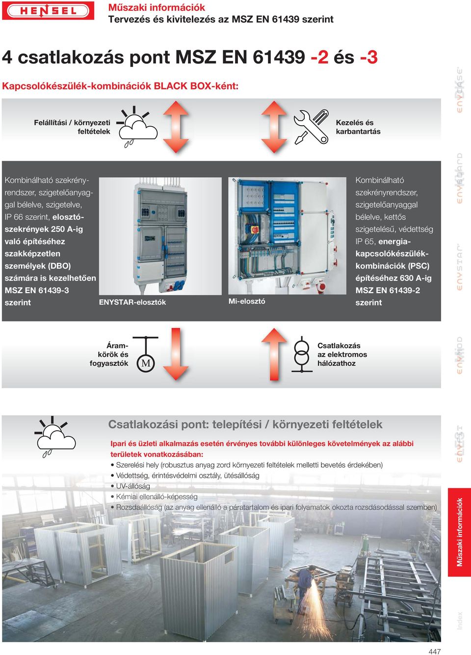 és fogyasztók -elosztó Kezelés és karbantartás Csatlakozás az elektromos hálózathoz Csatlakozási pont: telepítési / környezeti feltételek Kombinálható szekrényrendszer, szigetelőanyaggal bélelve,