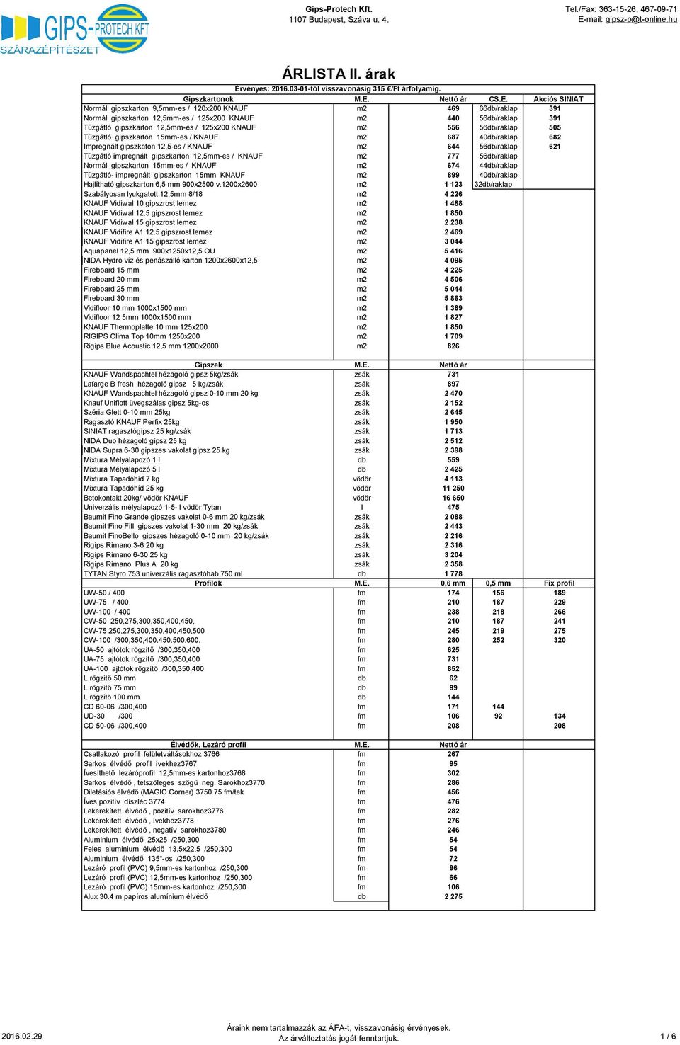 Akciós SINIAT Normál gipszkarton 9,5mm-es / 120x200 KNAUF m2 469 66db/raklap 391 Normál gipszkarton 12,5mm-es / 125x200 KNAUF m2 440 56db/raklap 391 Tűzgátló gipszkarton 12,5mm-es / 125x200 KNAUF m2