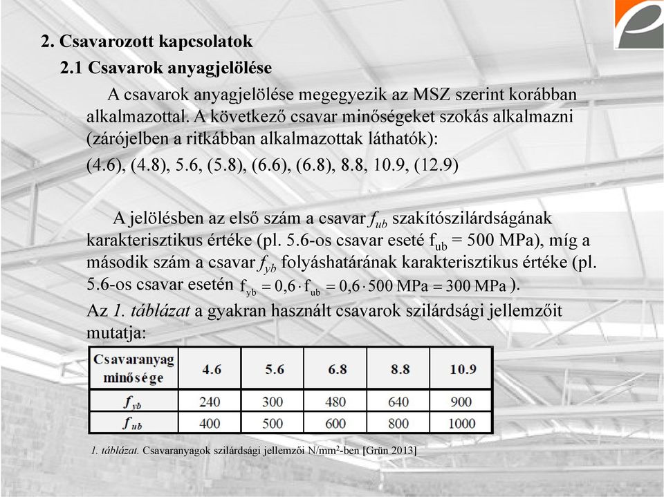 9) A jelölésben az első szám a csavar f ub szakítószilárdságának karakterisztikus értéke (pl. 5.