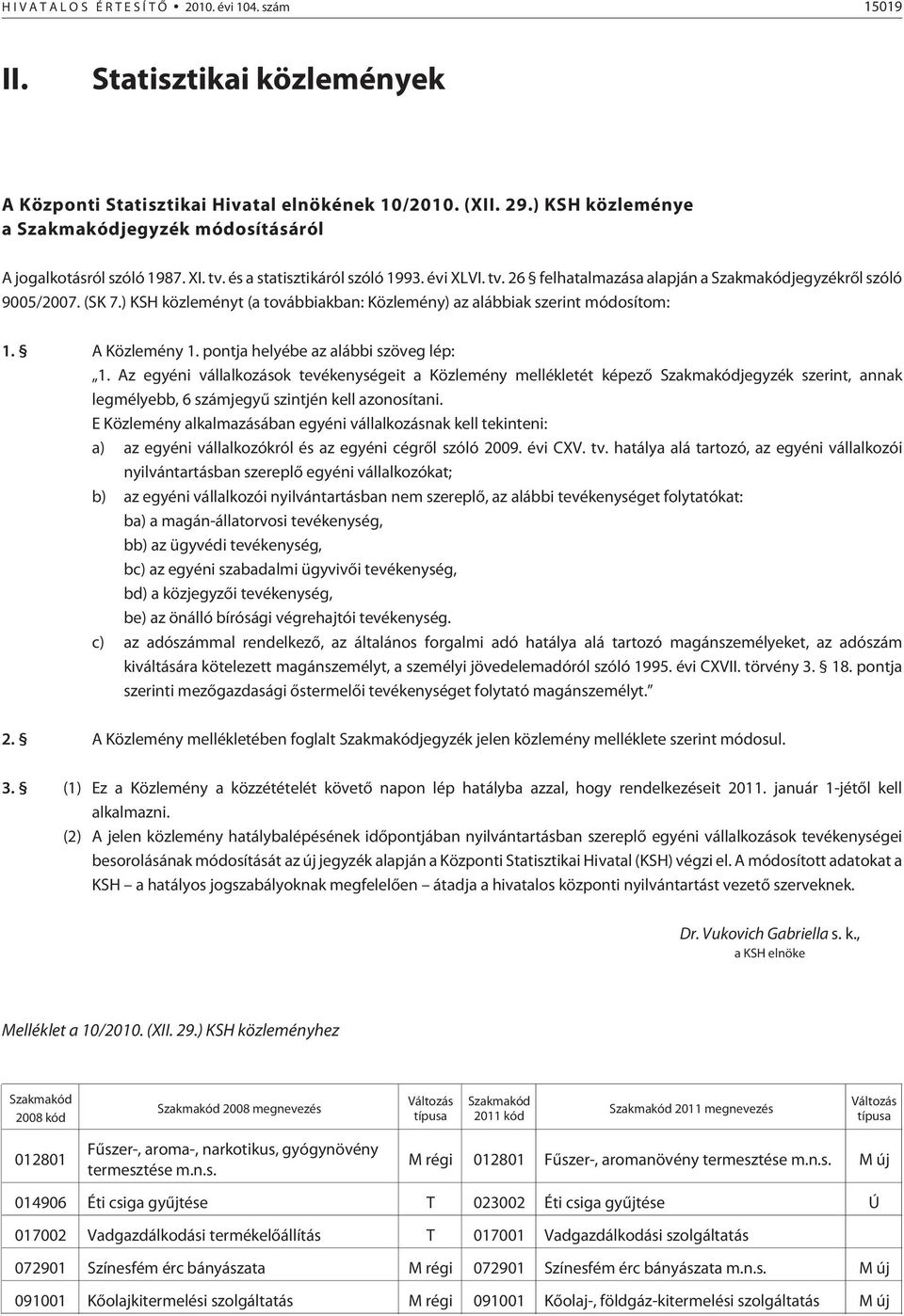 (SK 7.) KSH közleményt (a továbbiakban: Közlemény) az alábbiak szerint módosítom: 1. A Közlemény 1. pontja helyébe az alábbi szöveg lép: 1.