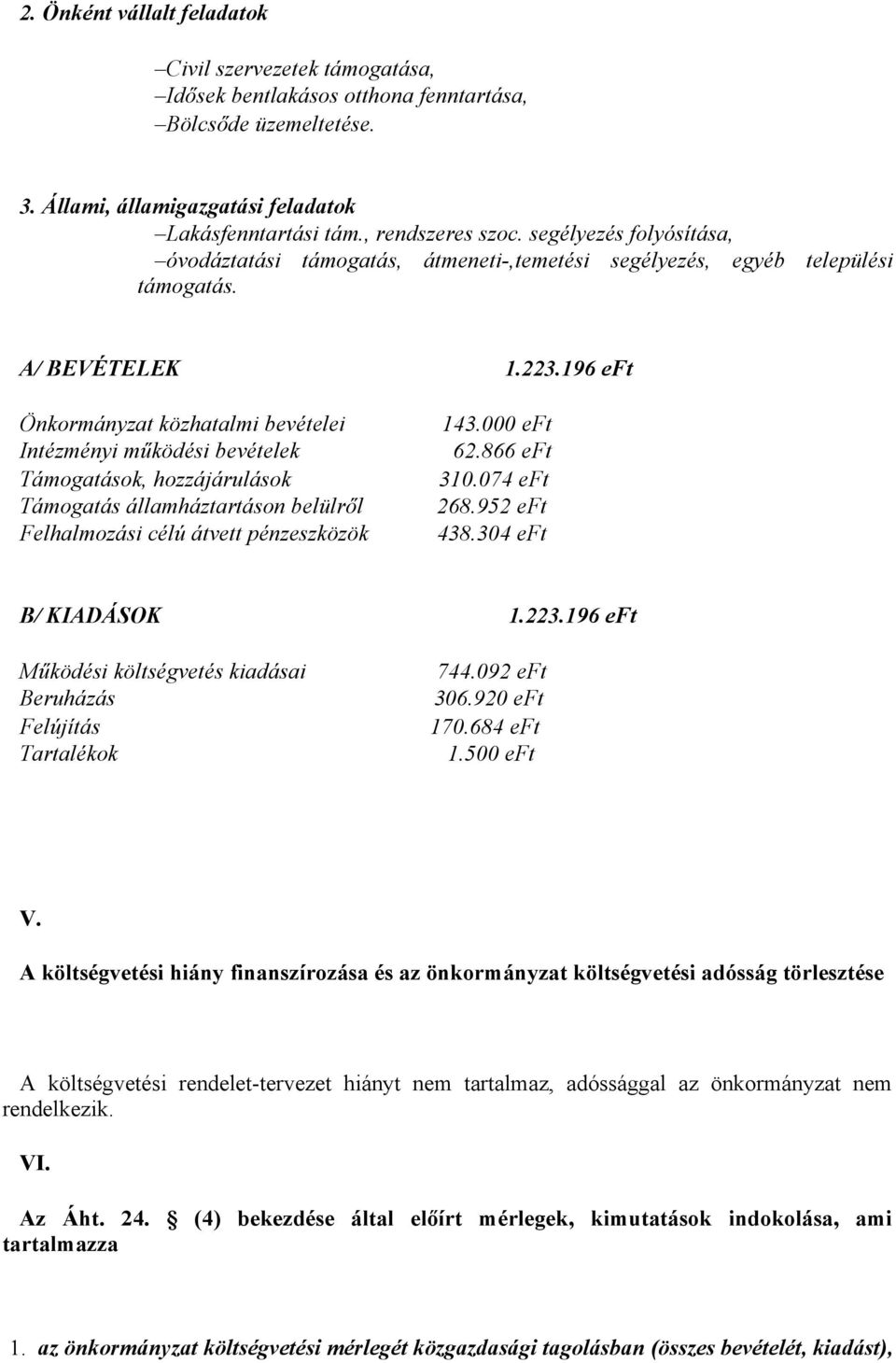 196 eft Önkormányzat közhatalmi bevételei Intézményi működési bevételek Támogatások, hozzájárulások Támogatás államháztartáson belülről Felhalmozási célú átvett pénzeszközök 143.000 eft 62.