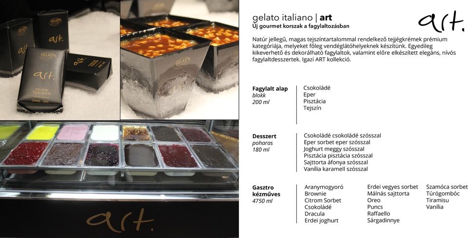 Fagylalt alap blokk 200 ml Csokoládé Eper Pisztácia Tejszín Desszert poharas 180 ml Csokoládé csokoládé szósszal Eper sorbet eper szósszal Joghurt meggy szósszal Pisztácia pisztácia szósszal