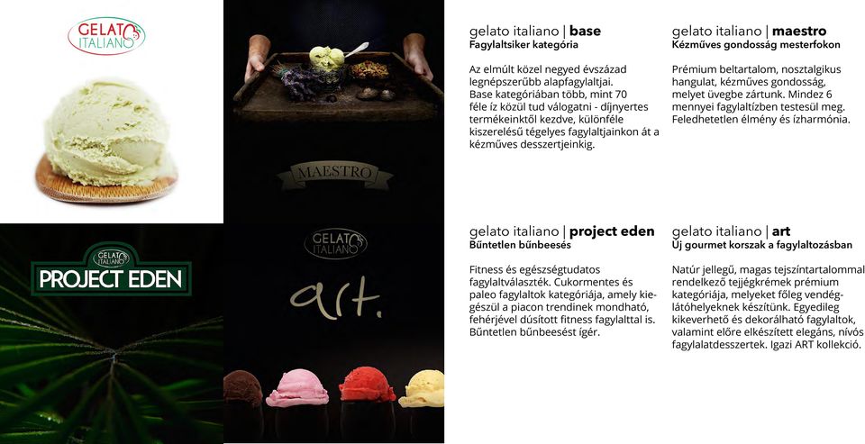 gelato italiano maestro Kézműves gondosság mesterfokon Prémium beltartalom, nosztalgikus hangulat, kézműves gondosság, melyet üvegbe zártunk. Mindez 6 mennyei fagylaltízben testesül meg.