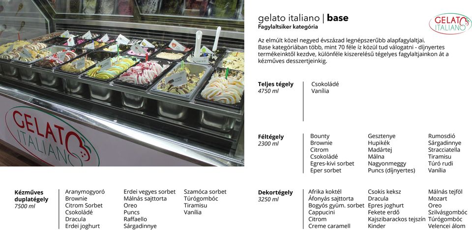 Teljes tégely 4750 ml Csokoládé Vanília Féltégely 2300 ml Bounty Brownie Citrom Csokoládé Egres-kivi sorbet Eper sorbet Gesztenye Hupikék Madártej Málna Nagyonmeggy Puncs (díjnyertes) Rumosdió