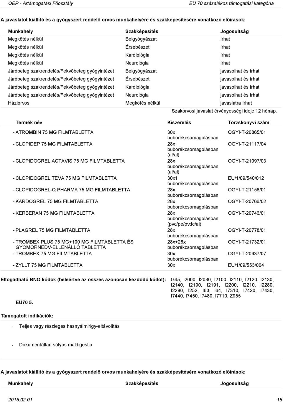 gyógyintézet Kardiológia javasolhat és írhat Járóbeteg szakrendelés/fekvõbeteg gyógyintézet Neurológia javasolhat és írhat ATROMBIN 75 MG FILMTABLETTA 30x OGYIT20865/01 CLOPIDEP 75 MG FILMTABLETTA