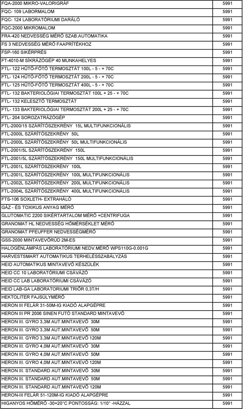 200L - 5 - + 70C 5991 FTL- 125 HŰTŐ-FŐTŐ TERMOSZTÁT 400L - 5 - + 70C 5991 FTL- 132 BAKTERIOLÓGIAI TERMOSZTÁT 100L + 25 - + 70C 5991 FTL- 132 KELESZTŐ TERMOSZTÁT 5991 FTL- 133 BAKTERIOLÓGIAI