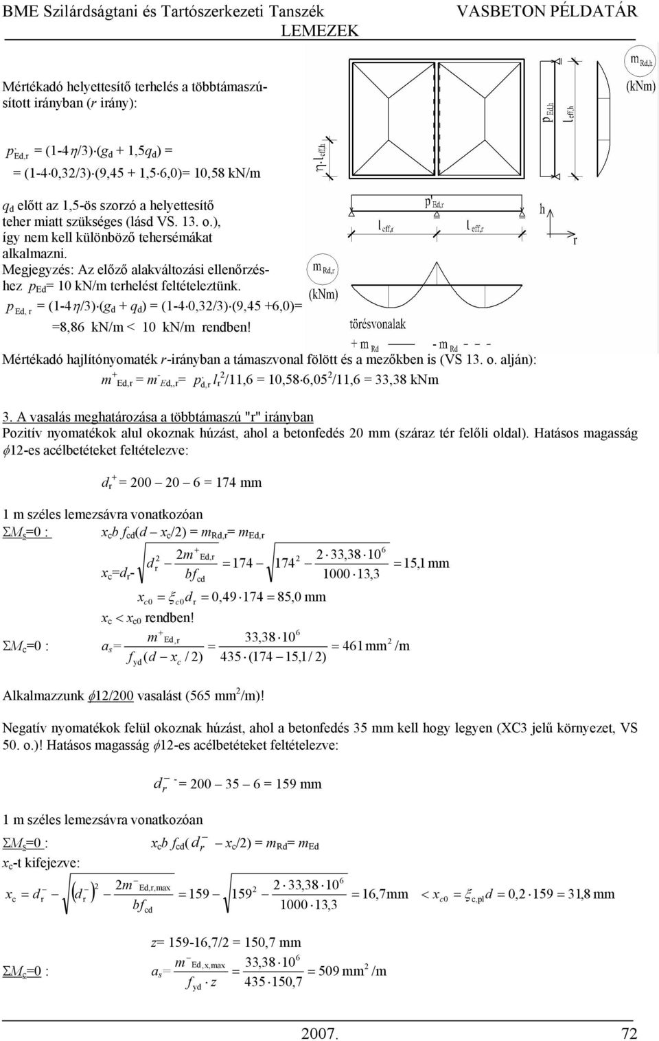 p Ed, r (1-4η/3) (g d + q d ) (1-4 0,3/3) (9,45 +,0) 8,8 kn/m < 10 kn/m rendben! Mértékadó hajlítónyomaték r-irányban a támaszvonal fölött és a mezőkben is (VS 13. o.