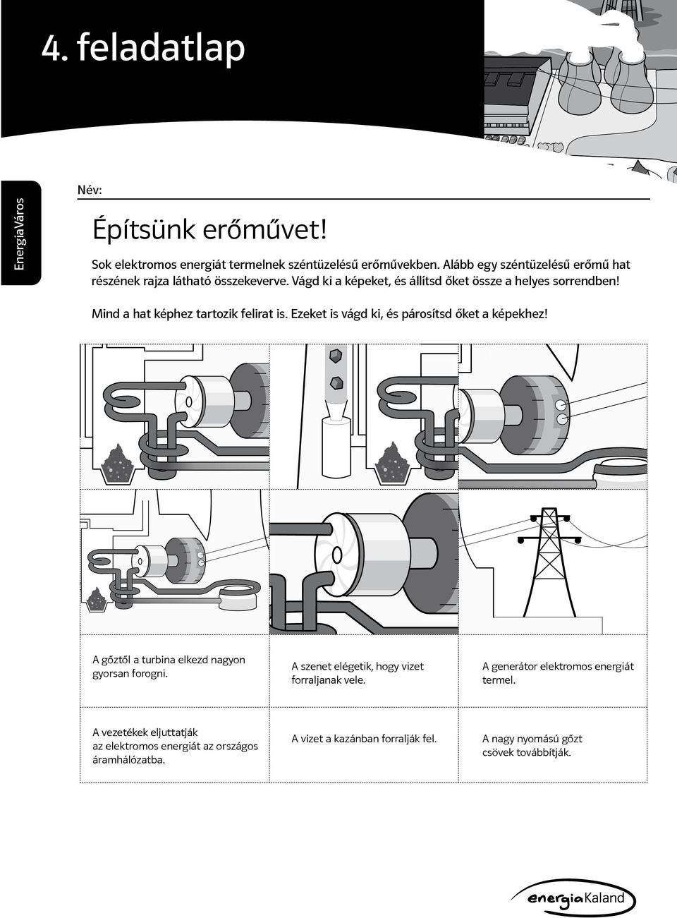 Mind a hat képhez tartozik felirat is. Ezeket is vágd ki, és párosítsd őket a képekhez! A gőztől a turbina elkezd nagyon gyorsan forogni.