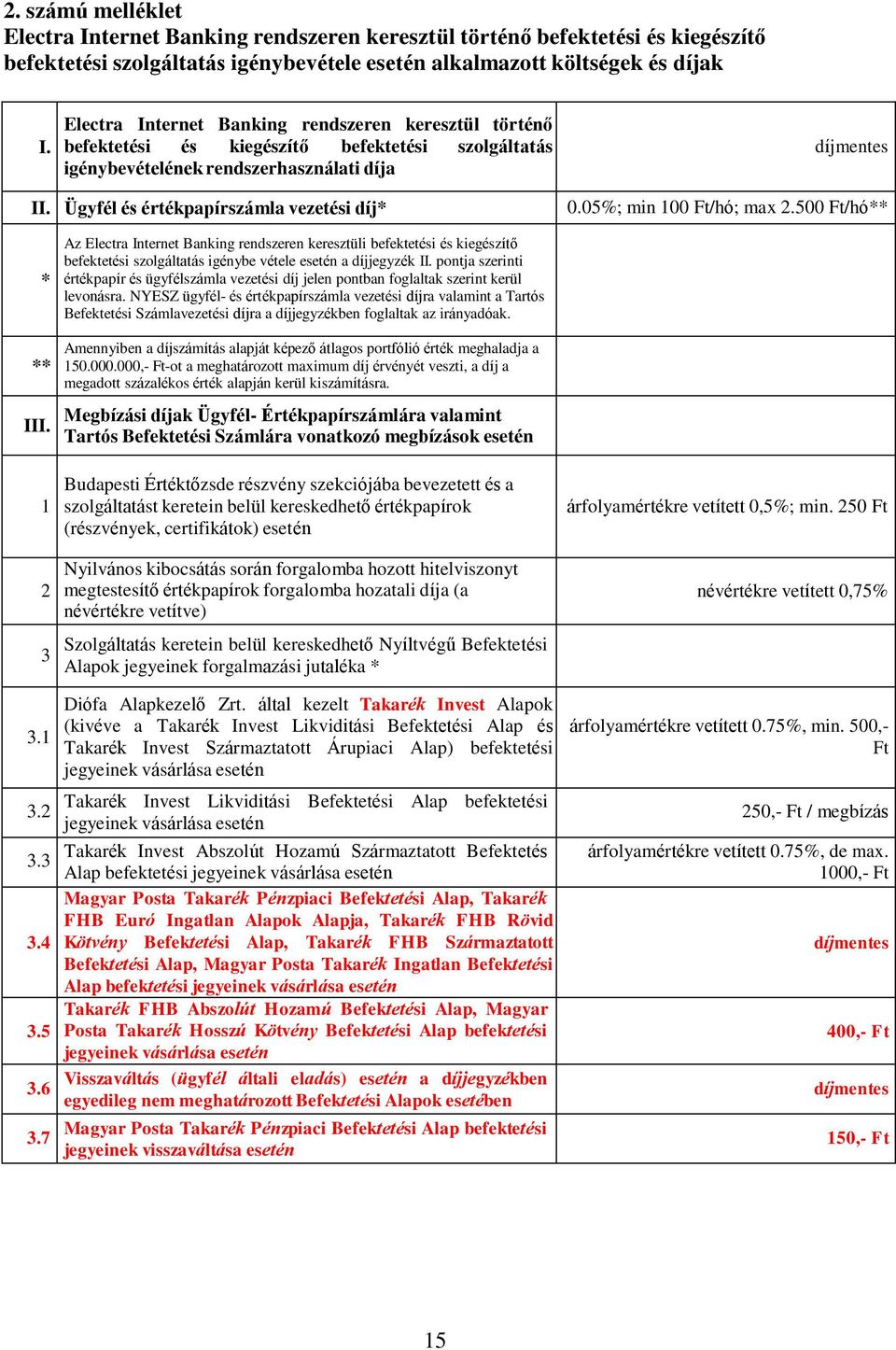 Ügyfél és értékpapírszámla vezetési díj* 0.05%; min 100 Ft/hó; max 2.500 Ft/hó** * ** III. 1 2 3 3.1 3.2 3.3 3.4 3.5 3.6 3.