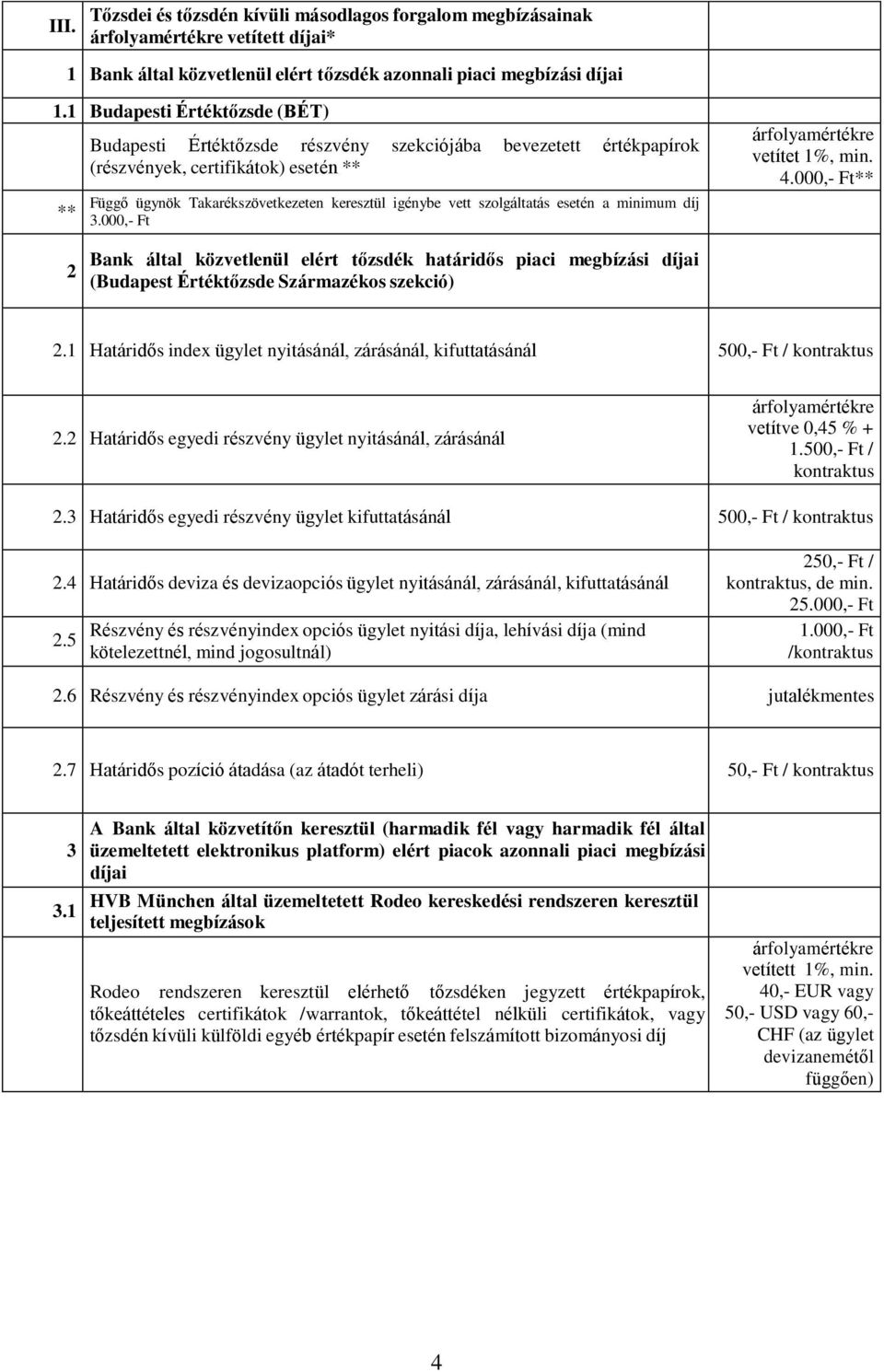 szolgáltatás esetén a minimum díj 3.000,- Ft árfolyamértékre vetítet 1%, min. 4.