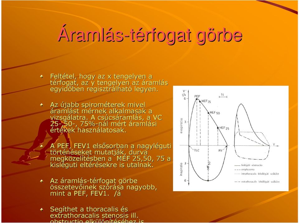 A PEF, FEV1 elsısorban sorban a nagyléguti guti történéseket mutatják, durva megközel zelítésben a MEF 25,50, 75 a kisléguti eltérésekre is utalnak.